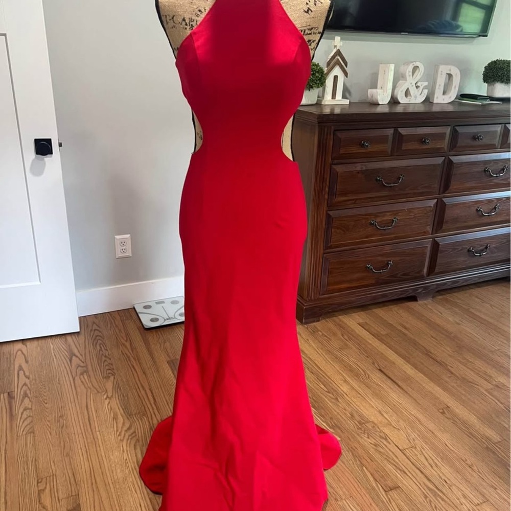 Sherri Hill Red Backless Cutout Halter Gown